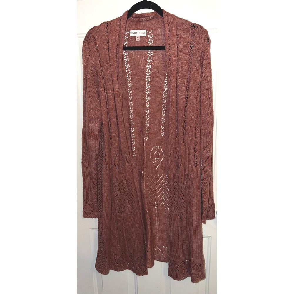 Knox Rose Open Knit Duster Cardigan Womens XL Mauve‎ Long Sleeve Boho Sweater